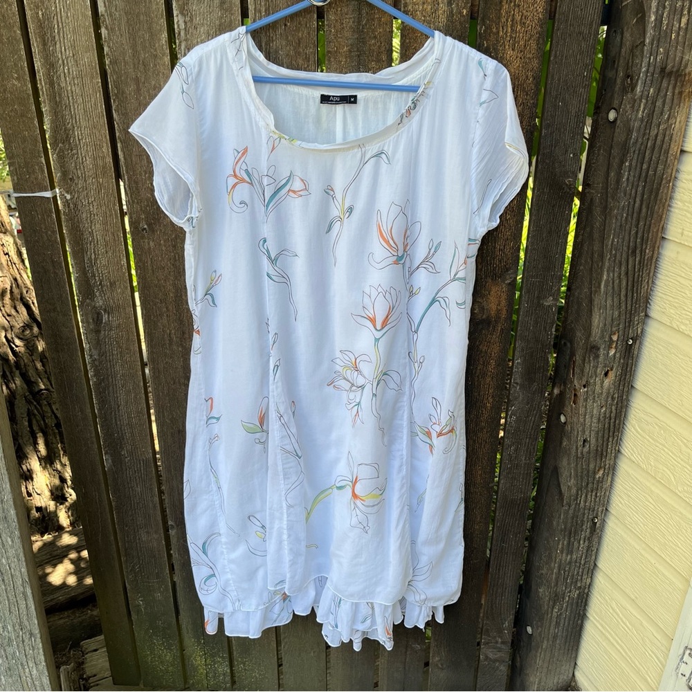 APU Floral White Layered Cotton Rayon Dress Sz M